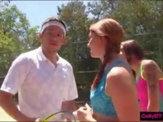 Two pleasant Besties Enjoyed Pussy Pounding With Tennis Coach